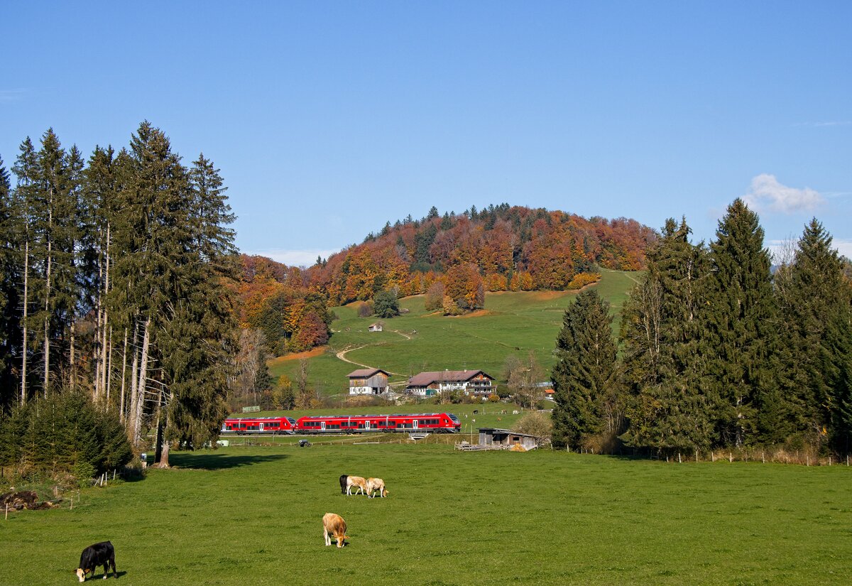 Eine Link-Doppeltraktion passiert auf dem Weg nach Sonthofen den Fischinger Vorort Unterthalhofen (19.10.2022)