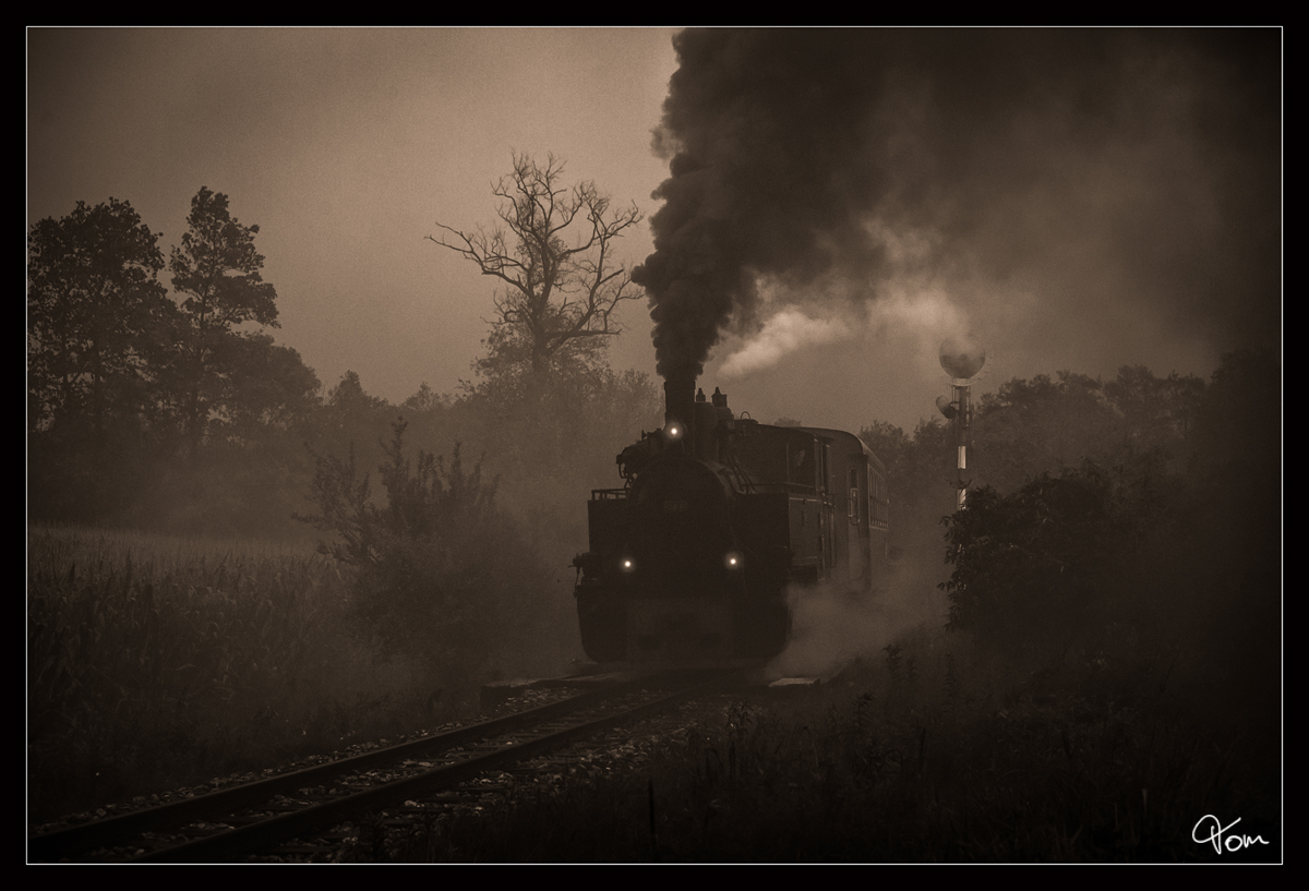 Eine mythische Stimmung gab es bei der Ausfahrt in Preding, schemenhaft zu sehen, die CFF Dampflok 764 411R  mit dem Stainzer Flascherlzug von Stainz nach Preding. 
27.07.2019