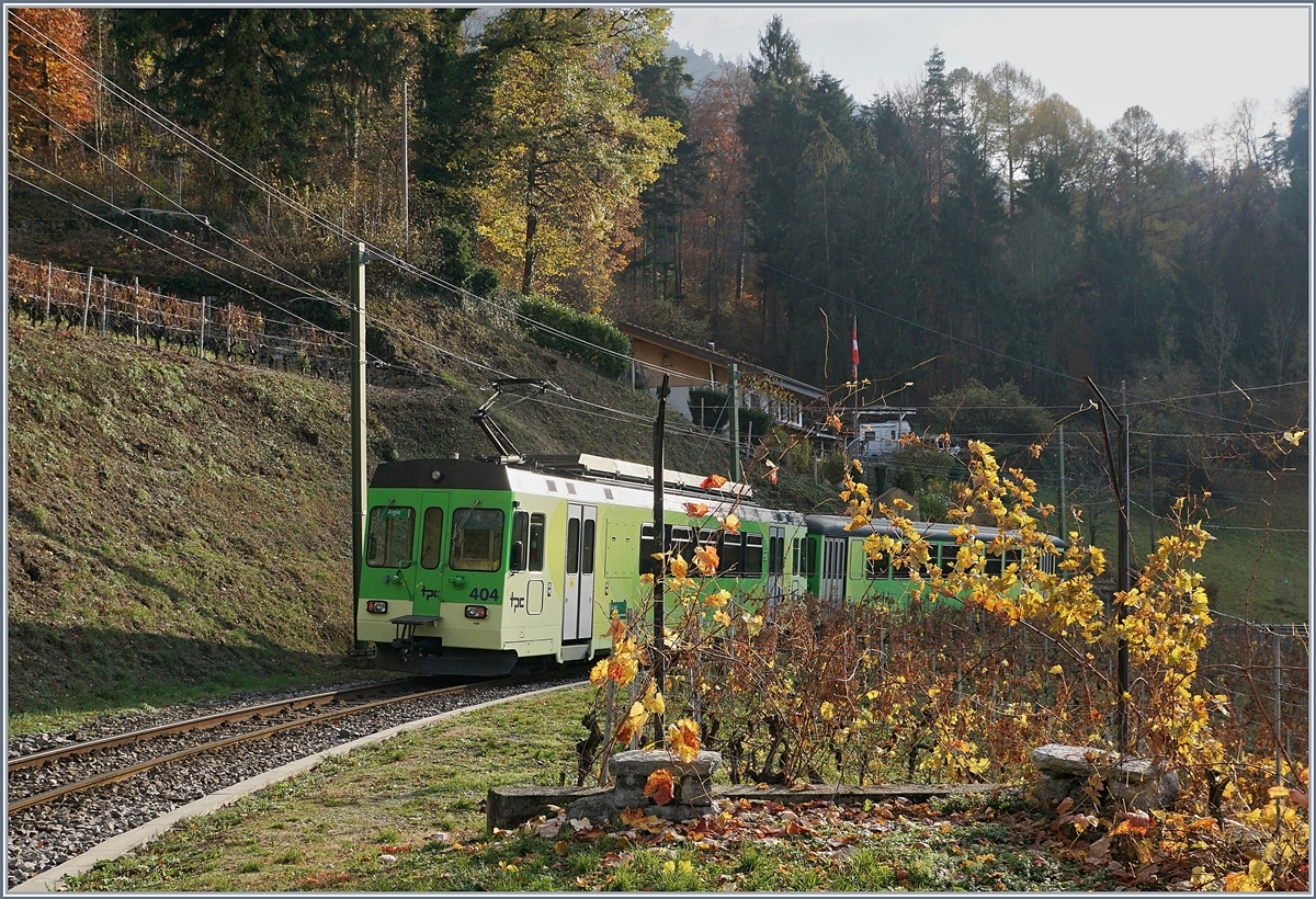 Eine neu entdecke Fotostelle oberhalb von Aigle zeigt den ASD BDe 4/4 404 mit seine Bt auf auf dem Weg nach Aigle im bunten Spätherbst-Laub.
18. Nov. 2018