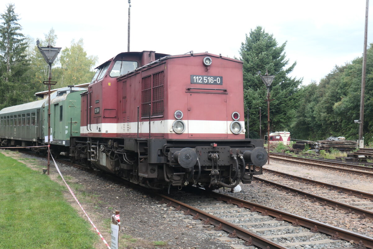 Eine Ost-V 100 mit st�rkerem 1200-Motor und originaler DR-Beschriftung,  ausgestellt mit einem Packmeister und einem vierachsigen Reko-Wagen zum Tag der Schiene am 20.09.2026 im Eisenbahnmuseum Schwarzenberg.