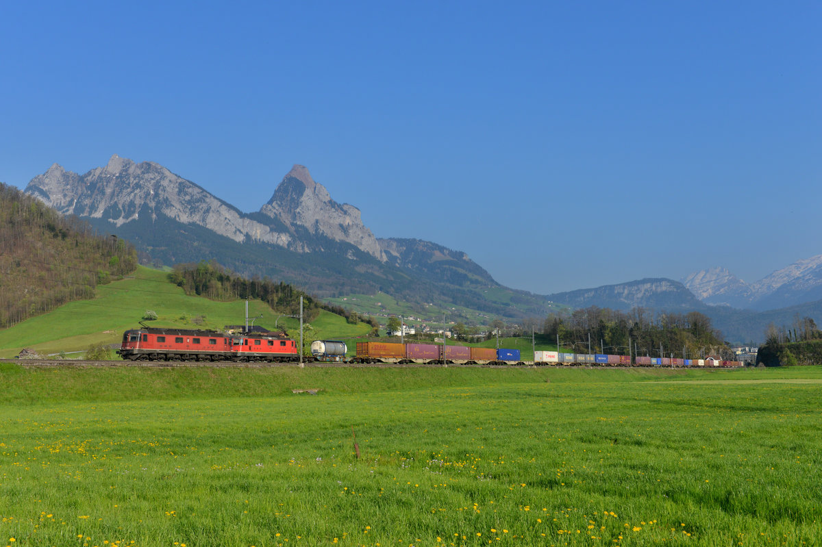Eine Re 10/10 mit einem Containerzug am 08.04.2017 bei Steinen. 