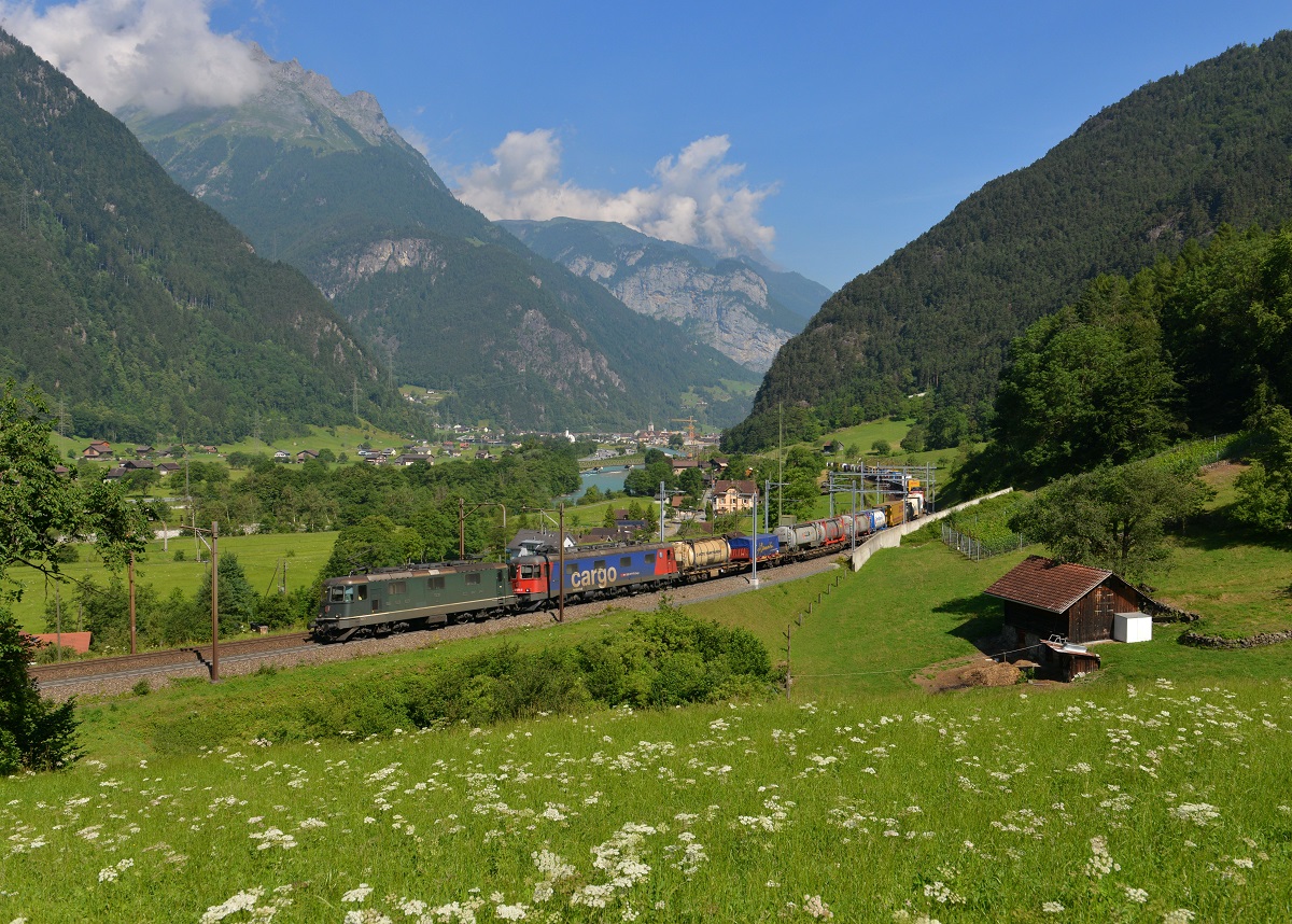 Eine Re 10/10 mit einem KLV am 21.06.2014 zwischen Erstfeld und Amsteg-Silenen.