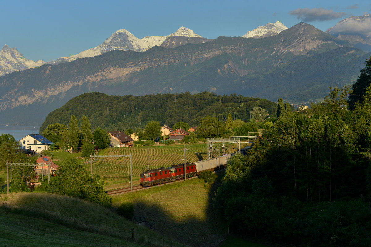 Eine Re 10/10 mit einem Containerzug am 23.06.2016 bei Einigen. 