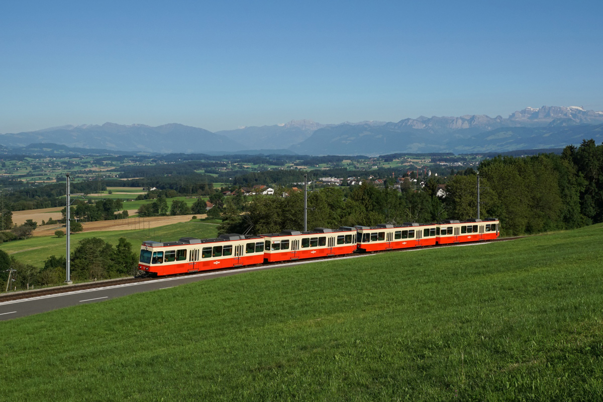 Eine S 18 nach Esslingen, geführt mit den beiden Doppeltriebwagen Be 8/8 23/24 und 21/22, befindet sich am 26.07.2016 unterhalb von Scheuren.