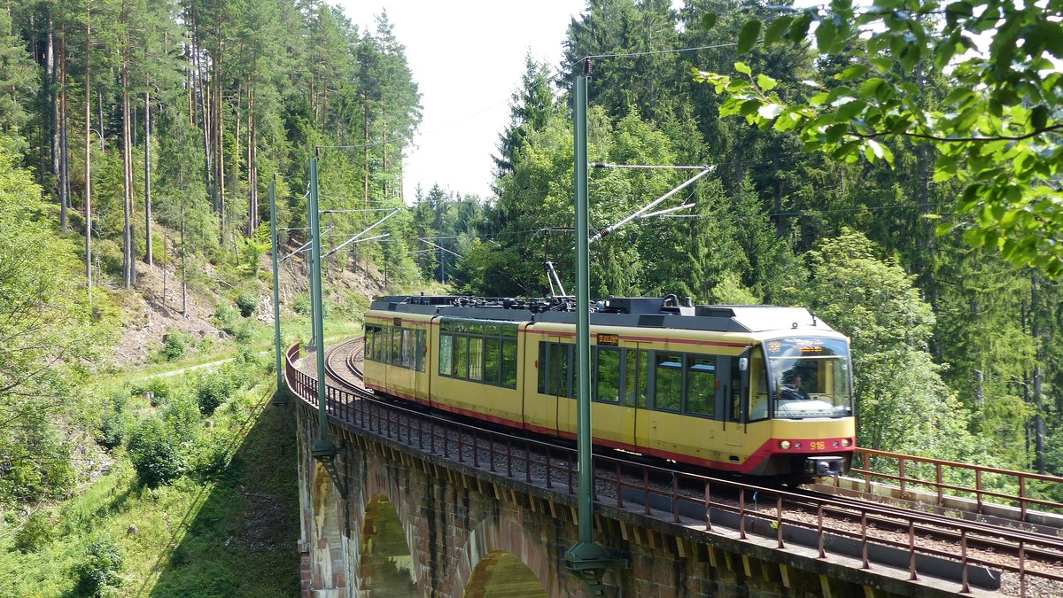 Eine S-Bahn nach Karlsruhe überquert einen Viadukt zwischen Freudenstadt und Friedrichstal (Baden). Aufgenommen am 21.7.2017 15:07