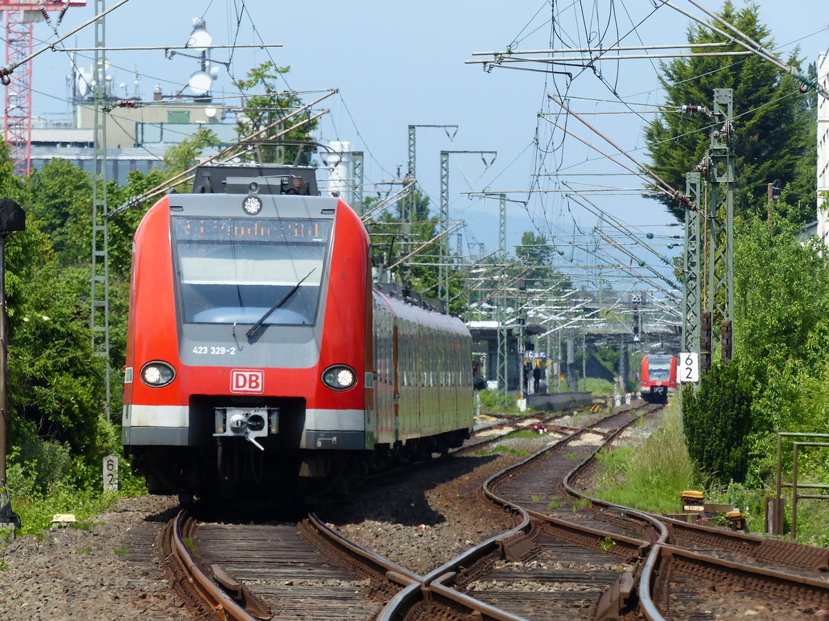 Eine S5 nach Frankfurt Süd hat soeben Frankfurt Rödelheim verlassen und nähert sich jetzt der Brücke über die Nidda. Aufgenommen am 28.5.2016 13:59