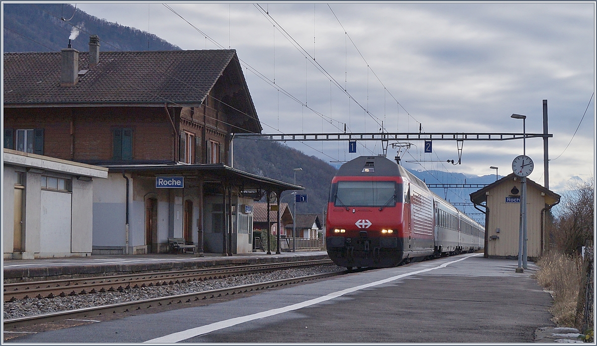 Eine SBB Re 460 mit ihrem IR 1716 auf dem Weg nach Genève bei der Durchfahrt in Roche VD, ein Bahnhof, welcher nur selten eine Zug halten sieht. 

6. Jan. 2019