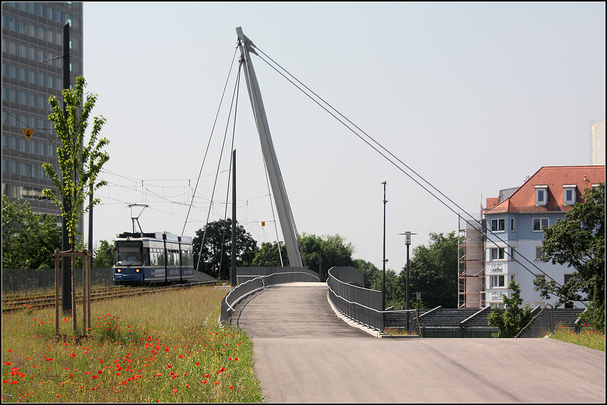 Eine Schrägseilbrücke für die Straßenbahn -

Die Schenkendorfbrücke für die Linie 23 im Münchener Norden führt über den vielbefahrenen Mittleren Ring.

26.06.2010 (M)