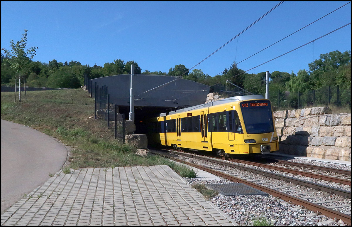 Eine von sehr vielen -

Kaum ein städtisches Bahnsystem hat so viele Tunnel-Ein- und Ausfahrten wie die Stuttgarter Stadtbahn. Dieses Tunnelportal gehört zu den jüngsten, es ging 2017 in Betrieb, als die U12 vom Hallschlag hinunter zum Neckartal verlängert wurde. Hier das untere Portal nahe des Neckars. Der Tunnel führt dann mit einer Steigung bis zu 7% den Talhang hinauf.

Insgesamt gibt es bei der Stuttgarter Stadtbahn nach meiner Zählung 52 Rampen bzw. Tunnelportale. Vier weitere sind im Entstehen bzw. in Planung. Einmal am Flughafen sowie an der neuen dann oberirdischen Stadtbahnhaltestelle Staatsgalerie. Acht Tunnelrampen sind inzwischen durch den Weiterbau von Tunnelstrecken inzwischen auch wieder verschwunden. Diese wurden seinerzeit noch von der Straßenbahn befahren.

12.08.2018 (M)