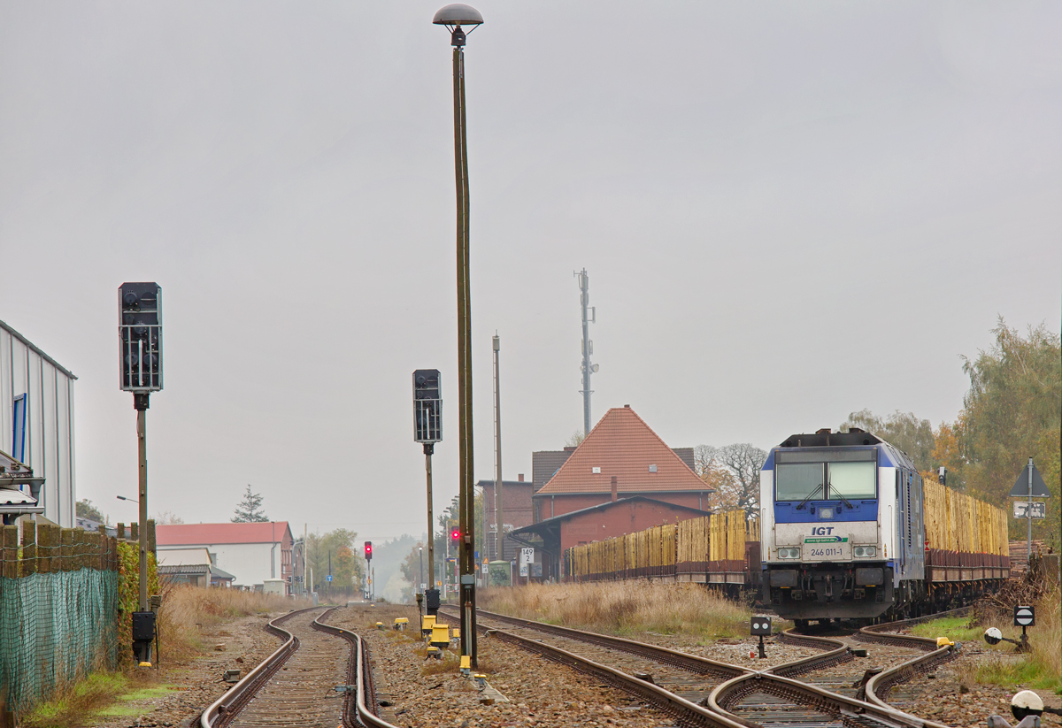 Eine TRAXX 160 stehen mit Leerwagen zur Holzverladung auf dem Nebengleis des Bahnhofs Torgelow. - 22.10.2014 - Vom BÜ Borkenstr. aufgenommen und zurechtgeschnitten. 