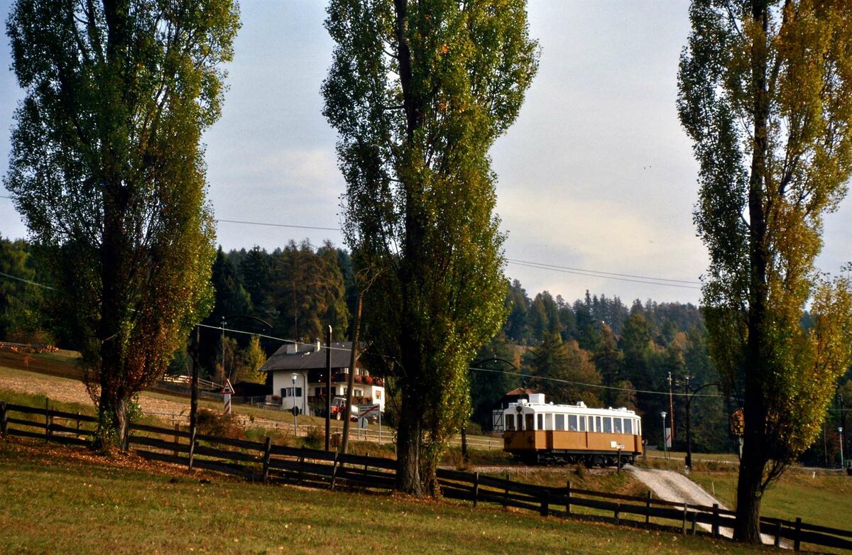 Eine �berlandstra�enbahn zwischen B�umen:  Rittner Bahn im Herbst 1985
