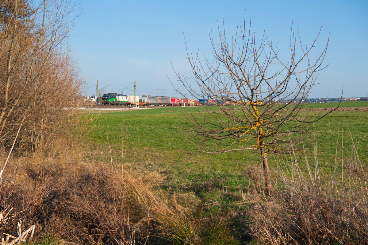 Eine unbekannt gebliebene 193 von ELL mit einem KLV-Zug bei Lehrberg Richtung Würzburg, 29.03.2019