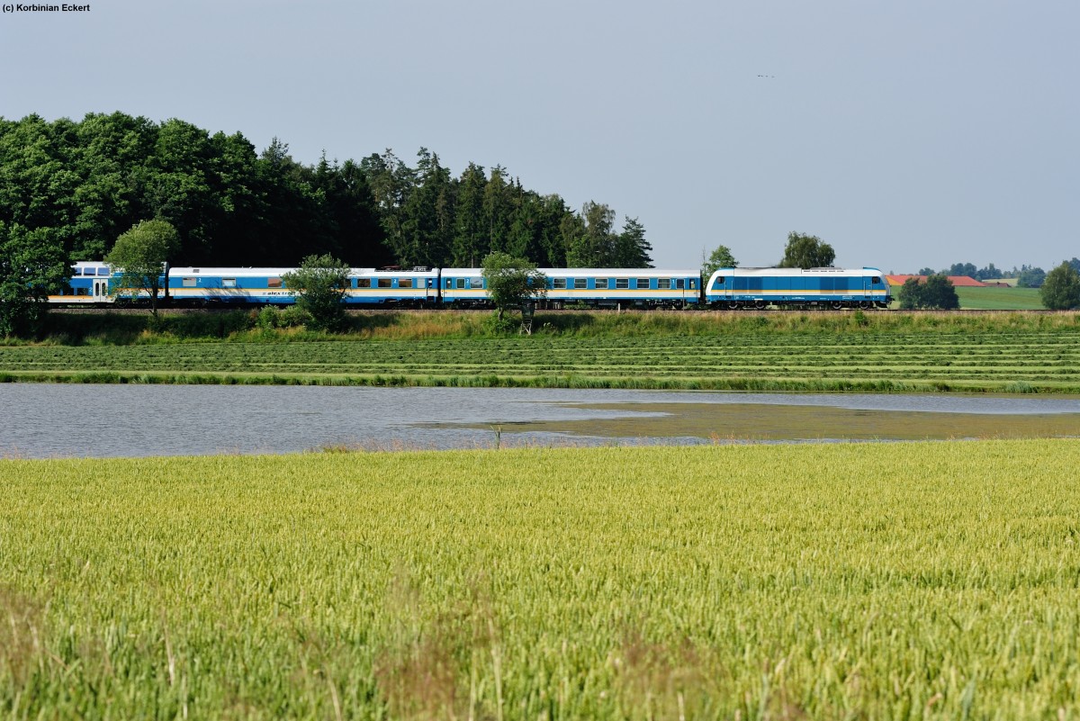Eine unbekannt gebliebene 223 mit dem ALX 84102 von München Hbf nach Hof Hbf bei Oberteich, 18.07.2013