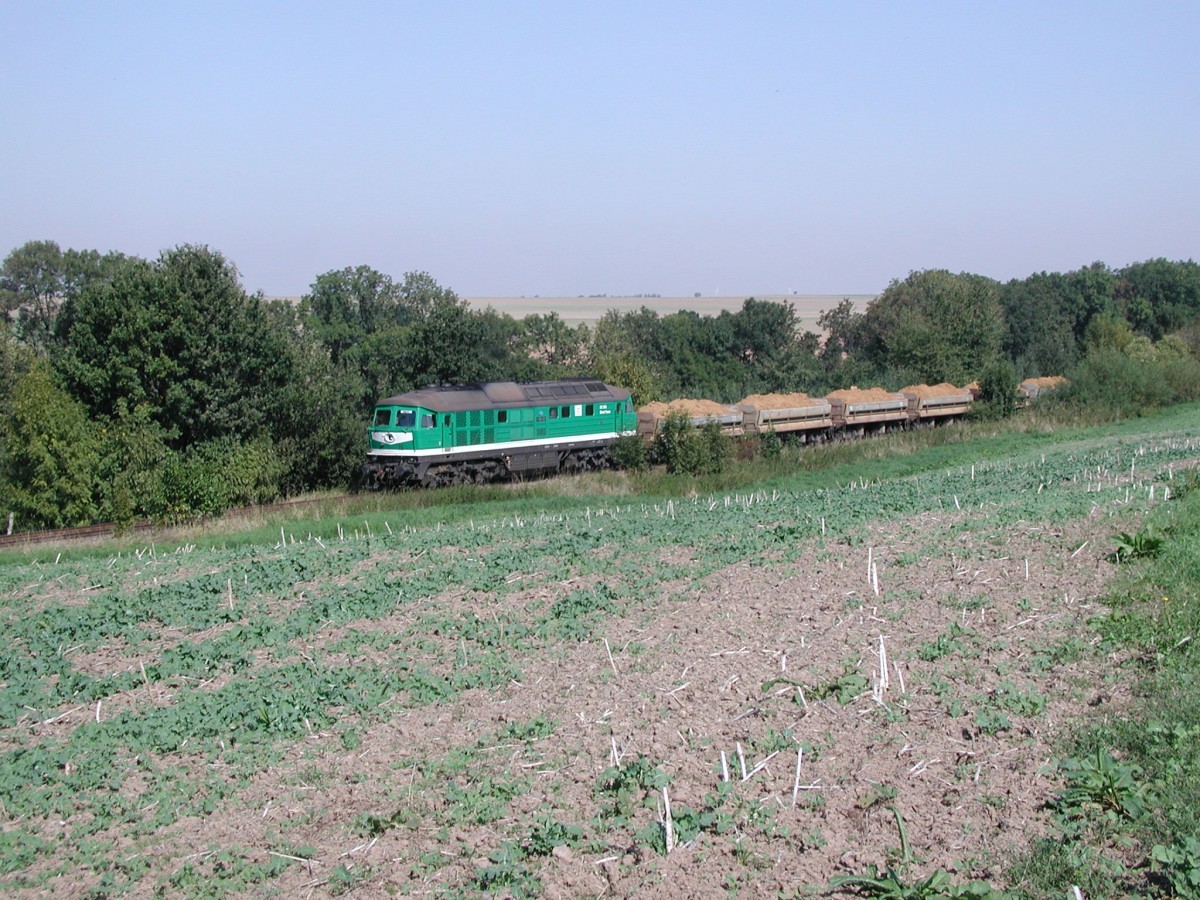 Eine unbekannte V300 der Wismut ist am 14.09.2006 bei Baldenhain mit einem Sandzug unterwegs.