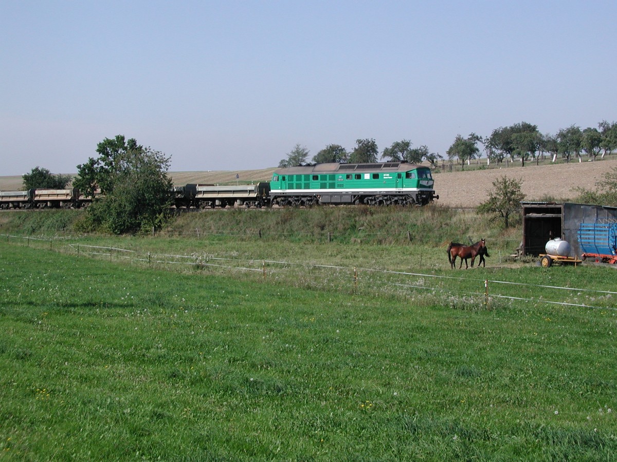 Eine unbekannte V300 der Wismut ist am 14.09.2006 bei Frankenau mit einem Leerzug nach Kayna unterwegs. 