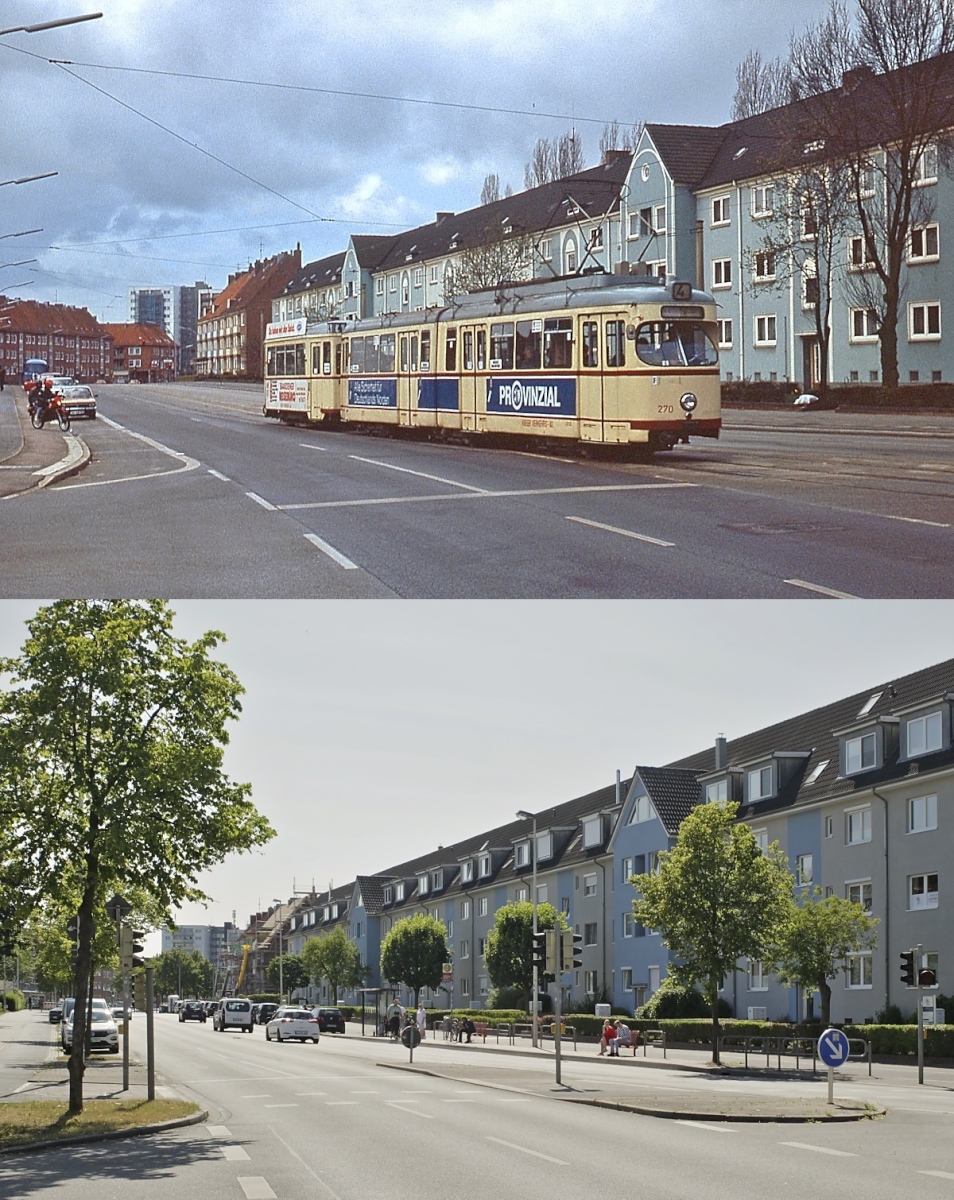 Eine Woche vor der Stilllegung der Kieler Straßenbahn fährt der GT6 270 mit einem zweiachsigem Beiwagen am 27.04.1985 auf der Schönberger Straße nach Wellingdorf. Zwar zeigt die untere Aufnahme vom 08.07.2023 die Straße schienenfrei, aber möglicherweise kann man hier ab Mitte der 2030er Jahre mit der Stadtbahn nach Wellingdorf fahren.