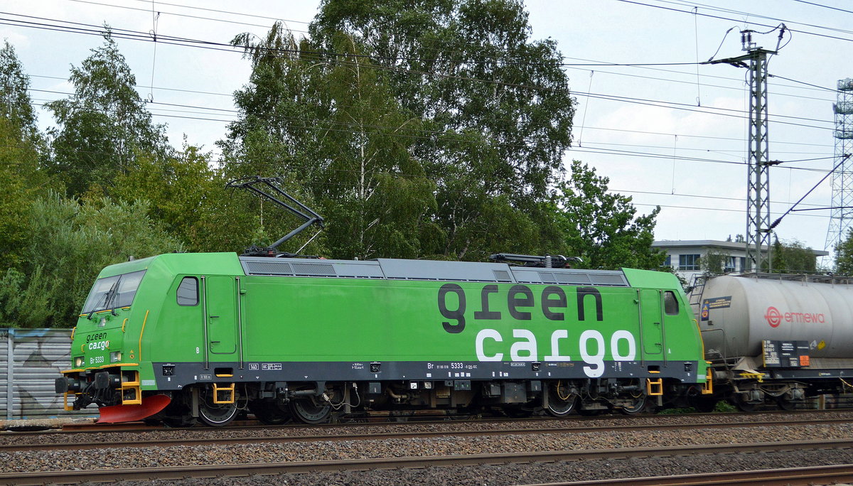 Eine von den wunderschönen dänischen Green Cargo Loks, die  Br 5333  (NVR-Nummer: 91 86 018 5333-9 DK-GC) mit gemischtem Güterzug, 06.08.19 Vorbeifahrt Bahnhof Hamburg Harburg.   