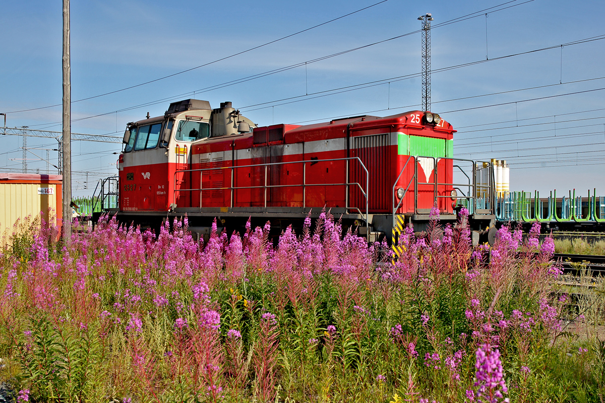 Eine von zweien Dieselloks der Baureihe Dv 12 die am Bf Kemi den Rangierdienst versehen,die 2527 wurde am 22.7.2014 in einem blumenübersäten
Nebengeleise abgestellt.