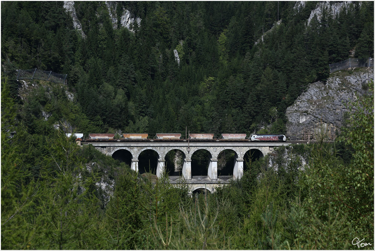 Einen seltener Gast am Semmering ist sicher die Lokomotion 189 905, welche heute mit dem SLGAG 43688 von Tarvis nach Bratislava fuhr. Danke Herbert !!!
Krausel Klause Breitenstein 30.8.2013