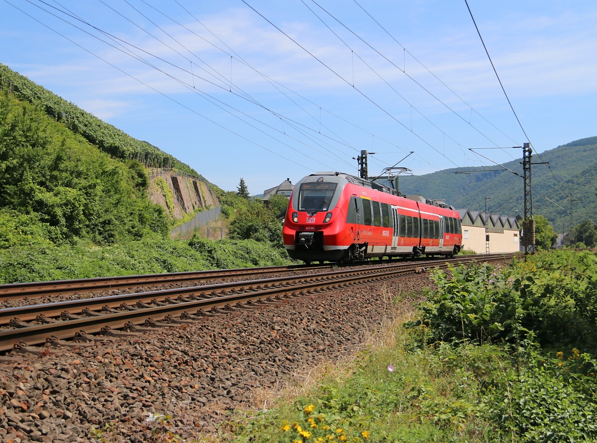 Einen zweiteiligen  Hamster  hatte ich bis dato auch noch nicht gesehen. Dieser 442 001/501 der Moseltalbahn begegnete meiner Kamera am 18.07.2014 bei Müden (Mosel).