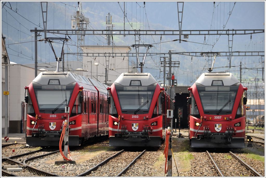 Einerlei in Landquart. ABe 4/16 3105, 3103 und ABe 8/12 3507. (11.04.2016)