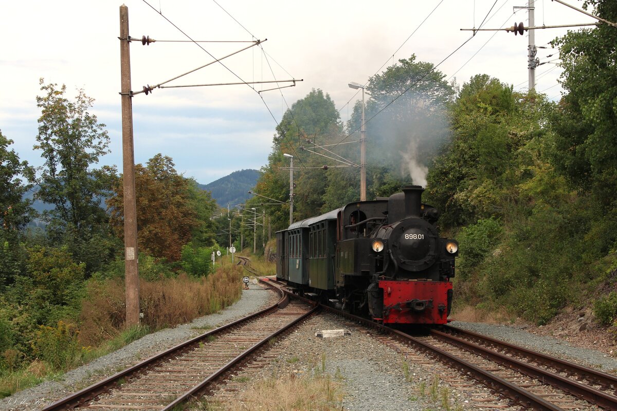 Eines der wenigen Dreischienengleises in �sterreich das noch von beiden Spurweiten befahren wird, befindet sich bei Treibach-Althofen.
Hier m�ndet die Gurktalbahn in ein Anschlussgleis der Treibacher Industrie AG, das zum Bahnhof Treibach-Althofen an der Rudolfsbahn f�hrt.
Kurz vor ihrem Ziel k�mpft sich die holzbefeuerte 898.01 mit einem Fotozug am 5.9.2026 Steigung hinauf.