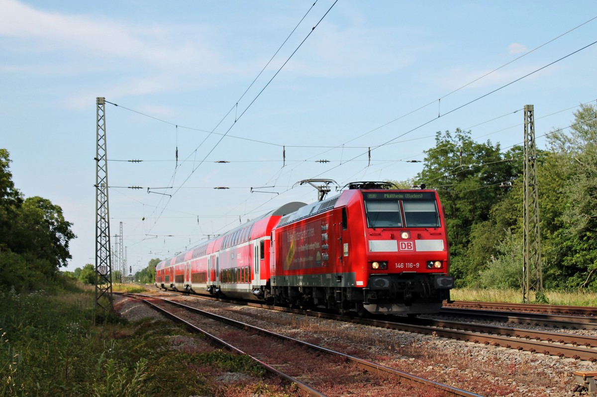 Einfahrt von 146 116-9  Baden Württemberg erfahren/Danke für 20 Mio. verkaufte Tickets  am 06.06.2014 mit einer RB aus Offenburg nach Müllheim (Baden) in Orschweier.