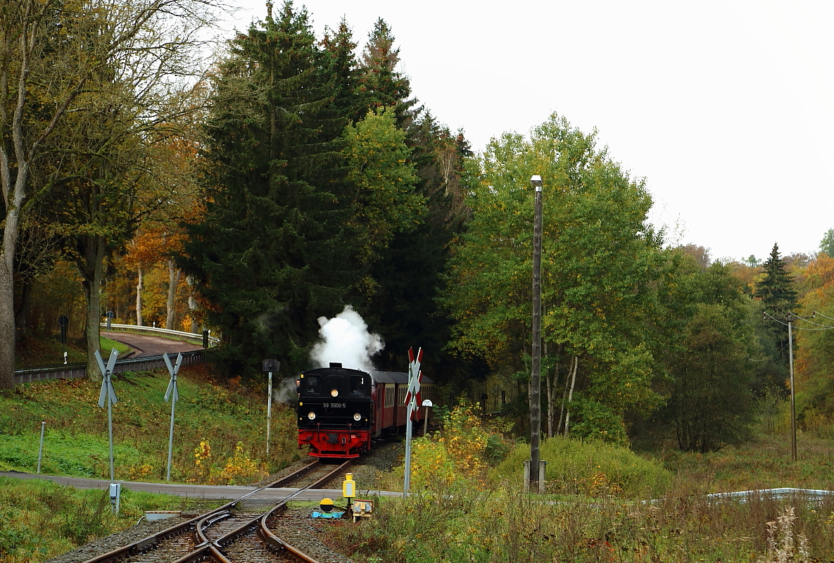 Einfahrt von 99 5906 mit P8952 (Eisfelder Talmühle-Quedlinburg) am 18.10.2014 in den Haltepunkt Friedrichshöhe. (Bild 1)