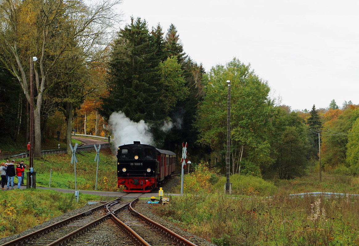 Einfahrt von 99 5906 mit P8952 (Eisfelder Talmühle-Quedlinburg) am 18.10.2014 in den Haltepunkt Friedrichshöhe. (Bild 2)