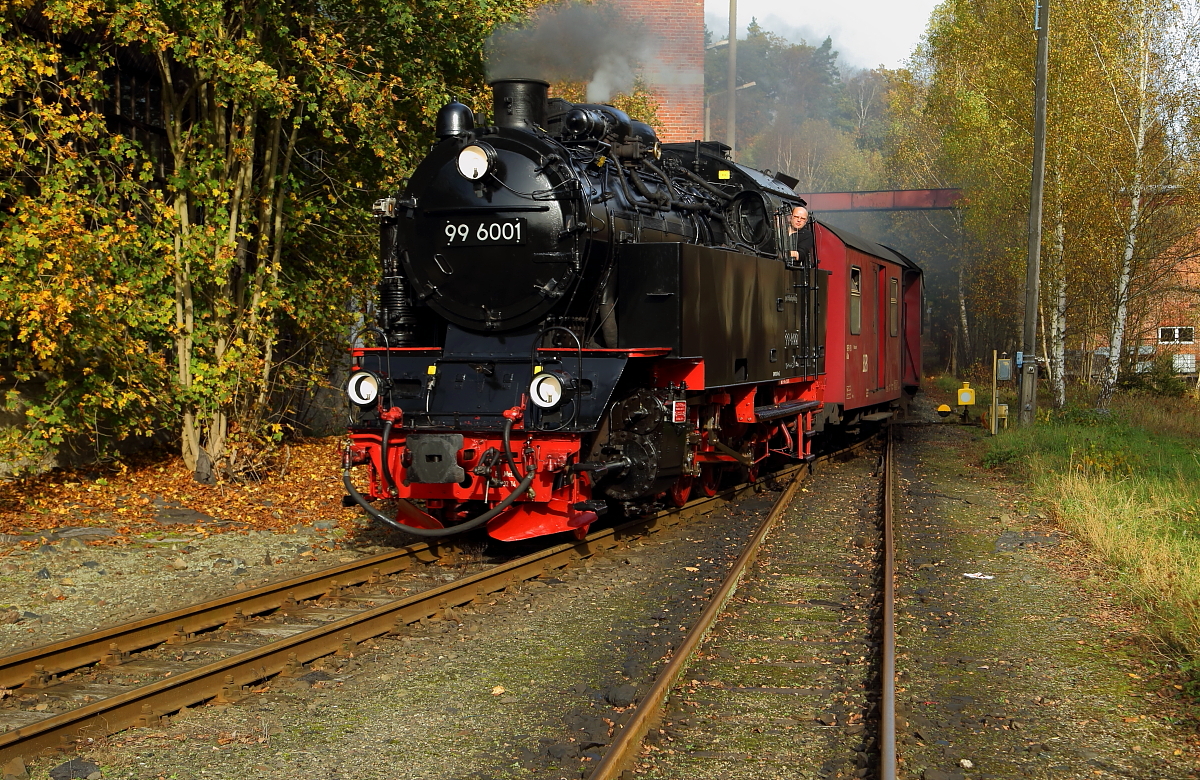 Einfahrt von 99 6001 mit P8965 (Gernrode-Hasselfelde) am 18.10.2014 in den Haltepunkt Silberhütte. Bild 3 (Aufnahme erfolgte aus offizieller Fotolinie im Rahmen einer Sonderzugveranstaltung!)