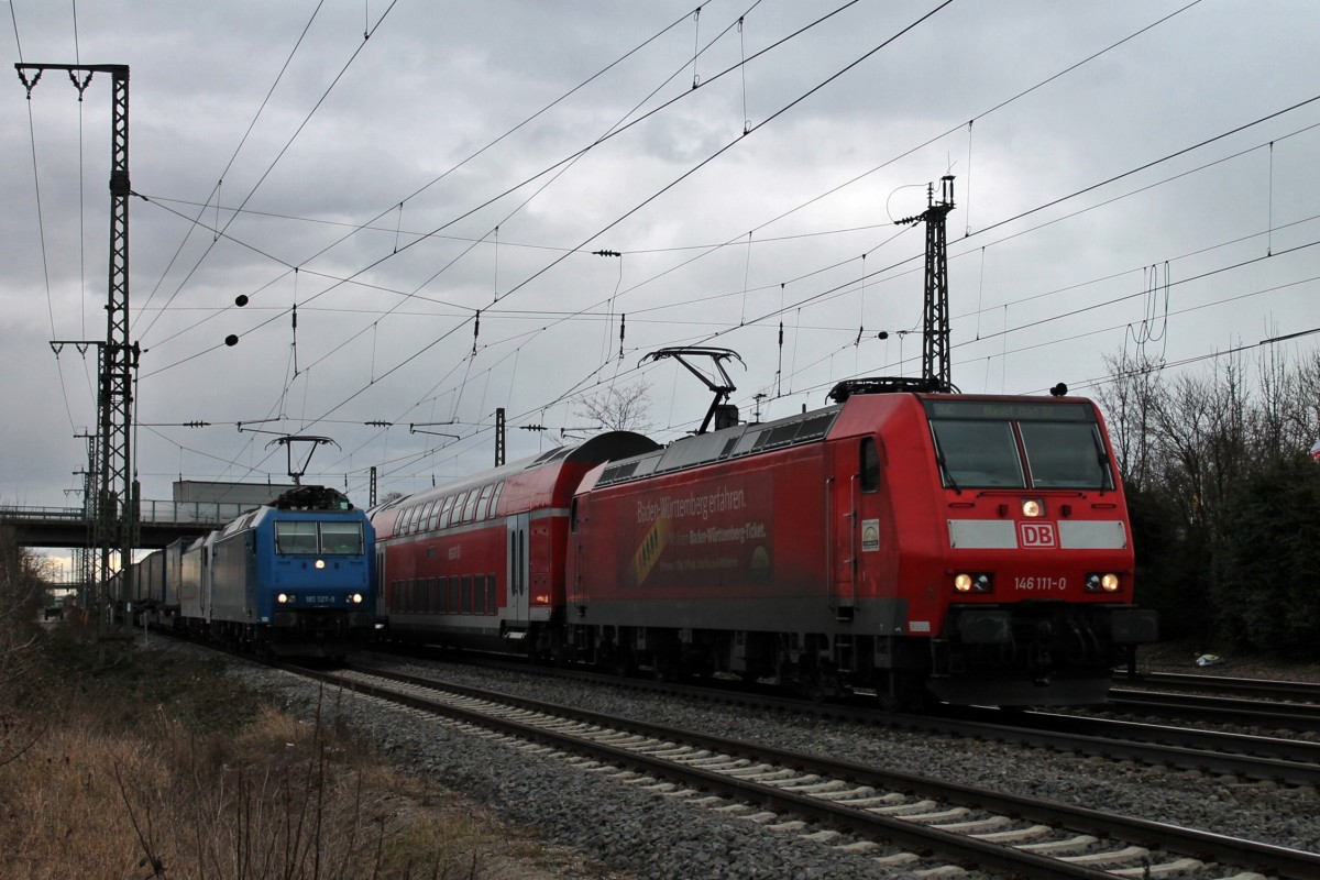 Einfahrt am 28.02.2014 von 146 111-0  Baden-Württemberg erfahren  mit Re 26519 (Offenburg - Basel Bad Bf) in den Bahnhof von Müllheim (Baden).