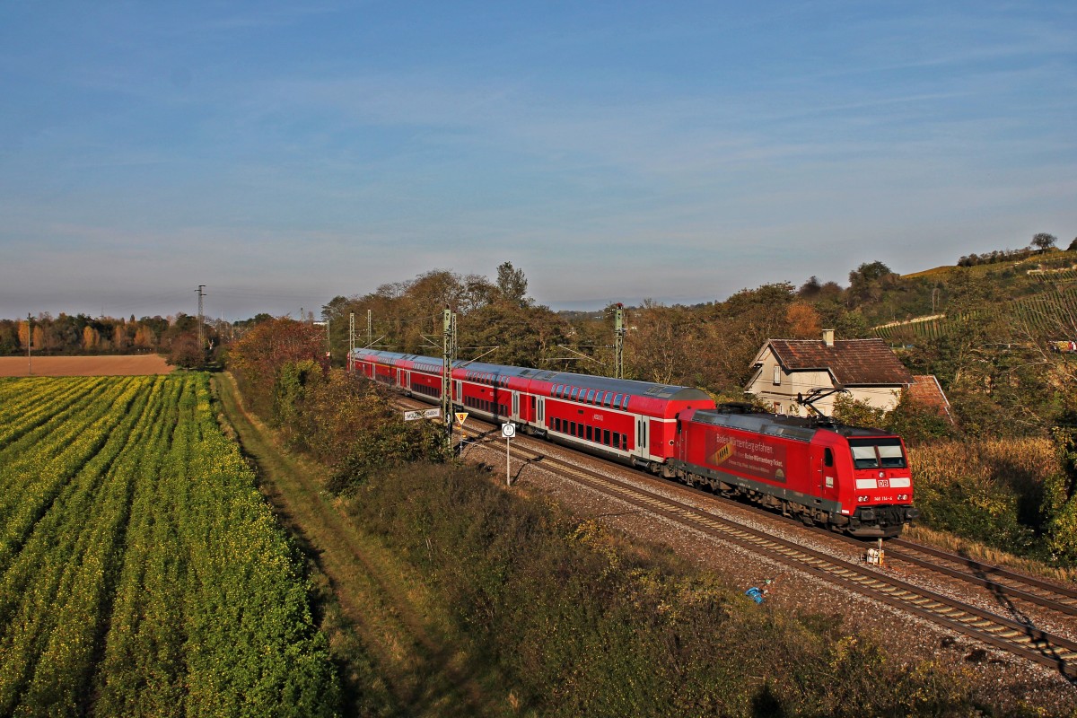 Einfahrt am 30.10.2014 von der Freiburger 146 114-4  Baden Württemberg erfahren  mit einem RE (Basel Bad Bf - Offenburg) in Müllheim (Baden).