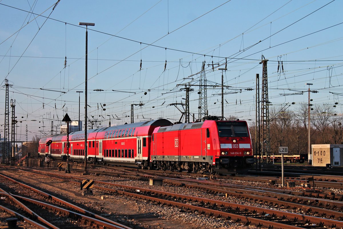 Einfahrt am Nachmittag des 14.02.2018 von 146 234-0 mit ihrer RB (Offenburg - Basel Bad Bf) durchs nördliche Vorfeld vom Zielbahnhof.