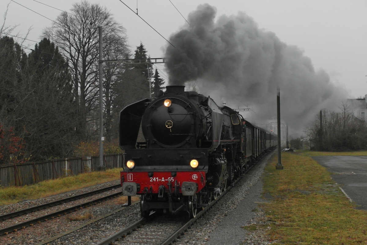 Einfahrt von dem von 241 A 65 gezogenen Sonderzug in den Bahnhof von Münsterlingen-Scherzingen am 05.12.2015, um auf der Fahrt nach Konstanz auf der eingleisigen Strecke einen Gegenzug passieren zu lassen.