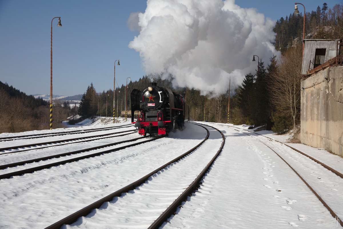 Einfahrt des Fotozugs in Červená Skala. Die mächtige Verladeanlage am Bildrand wirkt schon etwas heruntergekommen. (08.02.2020)