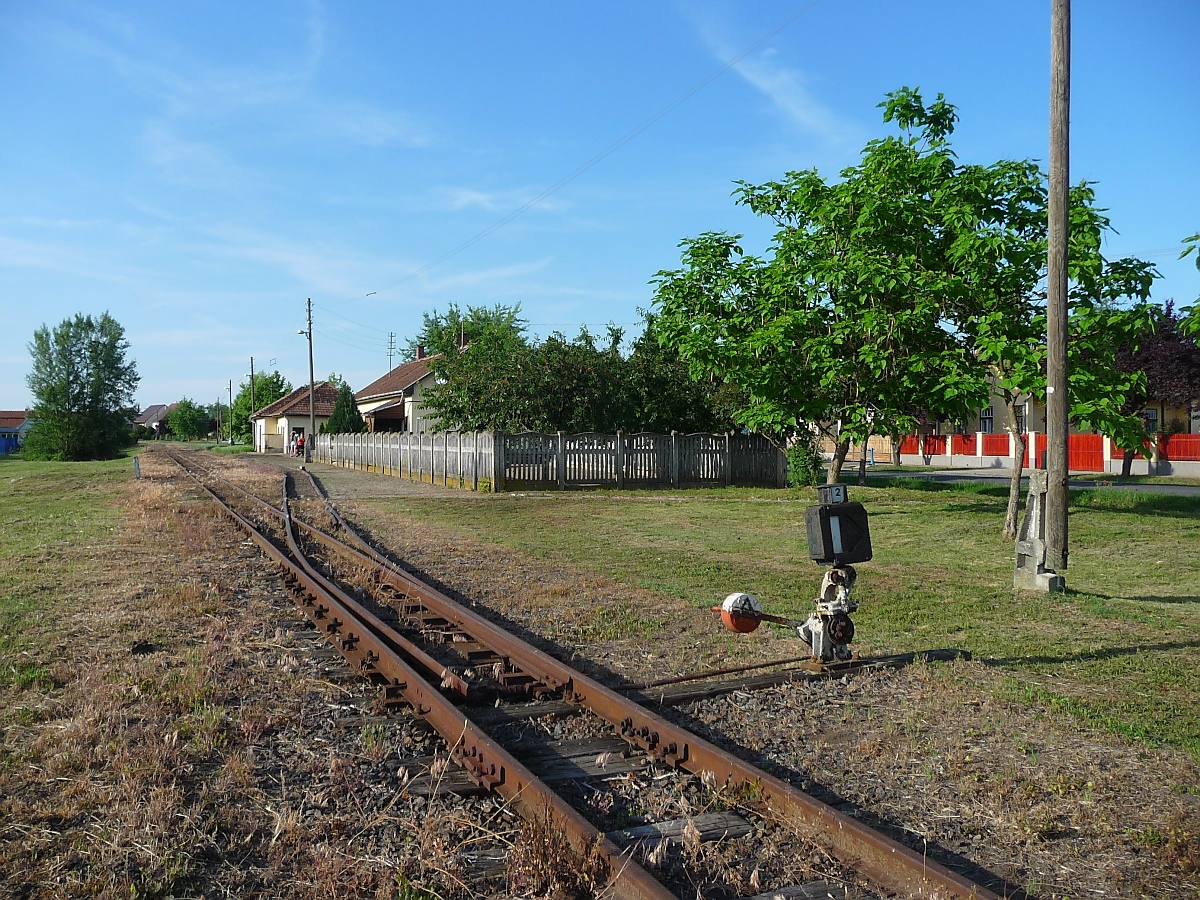 Einfahrt in die Station Nagyhalasz der 2009 stillgelegten Schmalspurstrecke von Nyiregyhaza nach Dombrad und Balsa, 29. ‎Mai ‎2016 