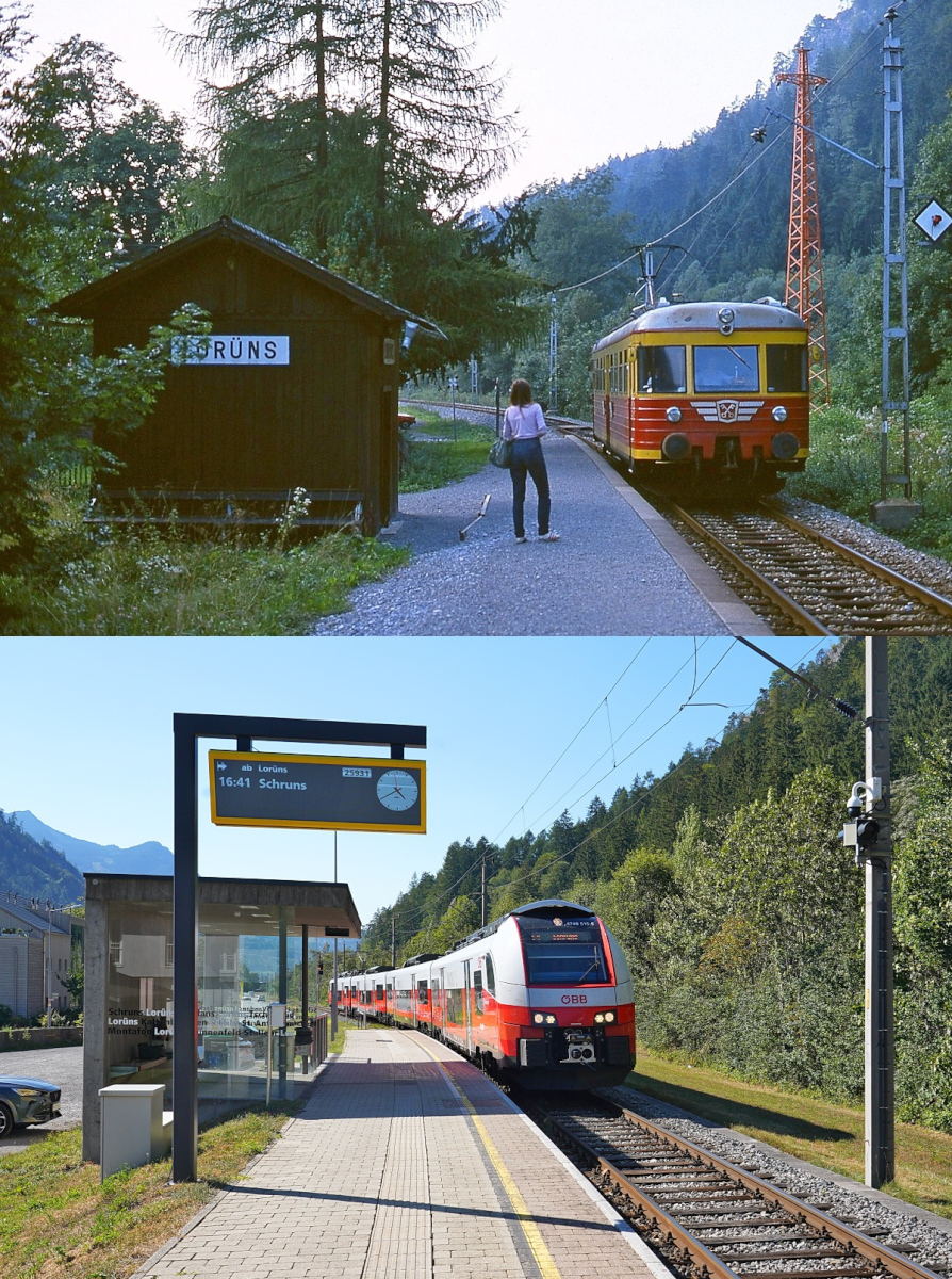 Einiges getan hat sich in den vergangenen 46 Jahren auch an Haltestelle Lor�ns der Montafonerbahn: Oben f�hrt der 1967 von der Bad Eilsener Kleinbahn erworbene ET 10.101 an einem Augustabend 1982 in den Bedarfshaltepunkt ein. Damit der Fahrer auch bemerkte, dass wir mitfahren wollten, musste meine Partnerin als  Fotomotiv  mit ins Bild. Der Triebwagen wurde 1991 an Stern&Hafferl weiterverkauft und leider 2012 verschrottet. Am 13.08.2026 ist von der Idylle nichts mehr geblieben: Die Strecke der Montafonerbahn ist als Linie S 4 der S-Bahn Vorarlberg in den Verkehrsverbund Vorarlberg integriert und wird mit �BB-Triebwagen der Reihe 4024 und - wie im Bild zu sehen - Cityjets der Reihe 4748 bedient. Lor�ns ist jetzt eine moderne Station, in der aber immer noch nur auf Verlangen gehalten wird.
