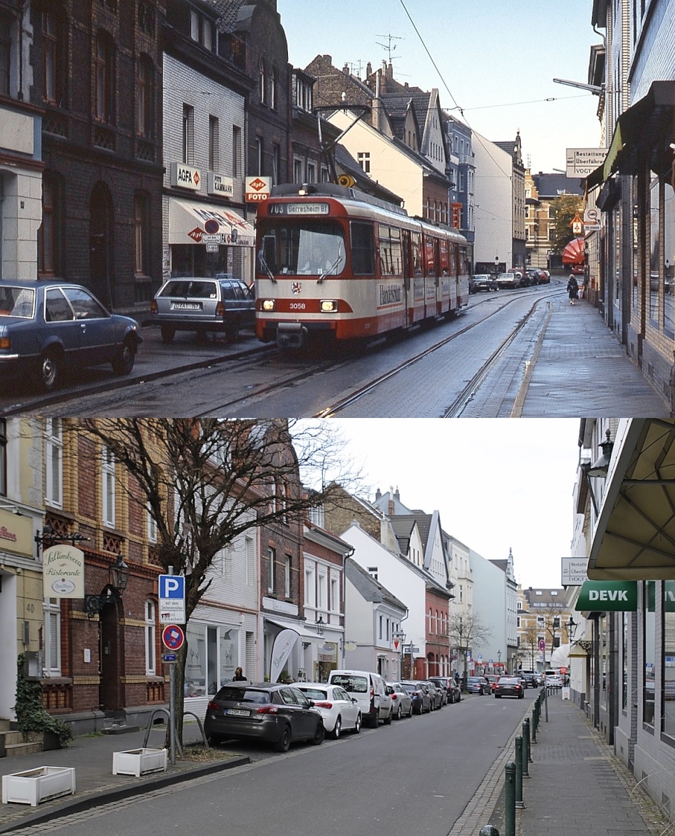 Einst & Jetzt in Düsseldorf-Gerresheim: Oben nimmt der Rheinbahn-GT8S 3058 Mitte November 1988 noch den Weg durch das Gerresheimer Zentrum, auf dem unteren Bild, das am 23.02.2021 aufgenommen wurde, erinnert nichts mehr daran, dass hier einmal eine Straßenbahn fuhr...