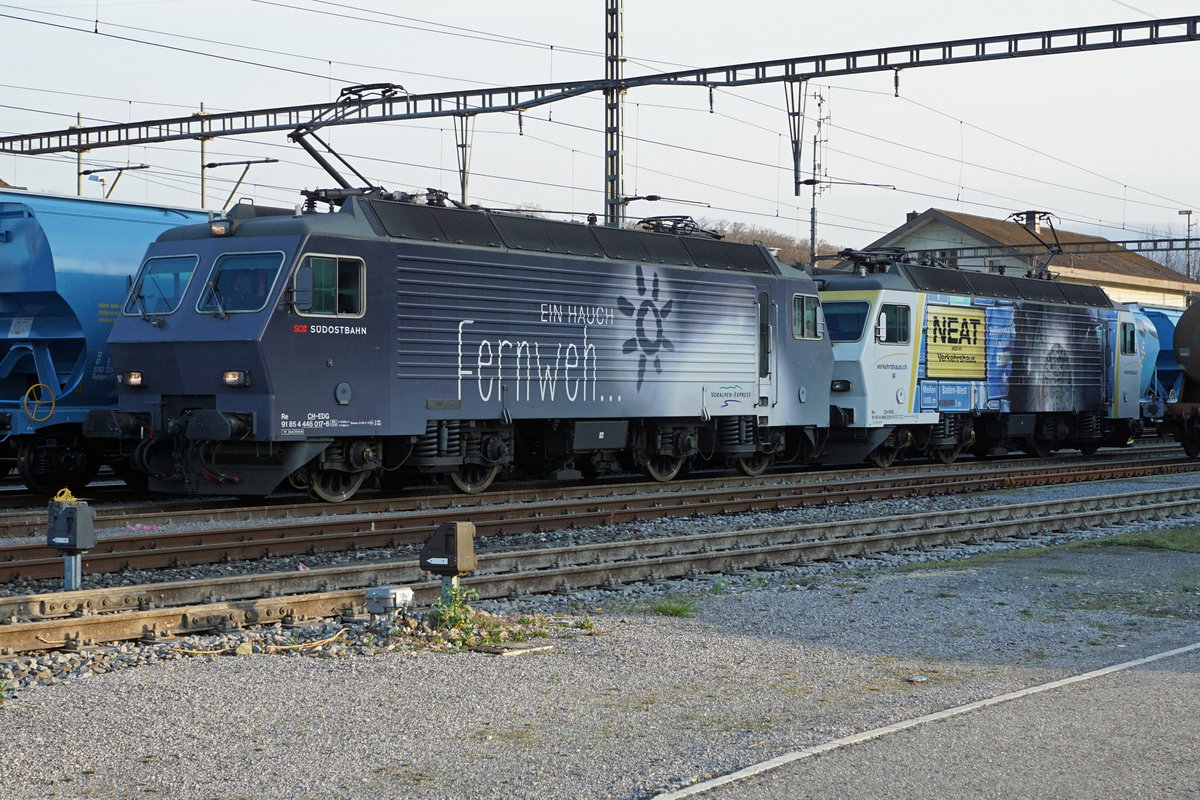 Eisenbahndienstleister Gmbh/EDG.
Doppeltraktion Re 446 017-6 und Re 446 015-0, ehemals SOB/SBB, in Herzogenbuchsee am 22. März 2020.
Foto: Walter Ruetsch
