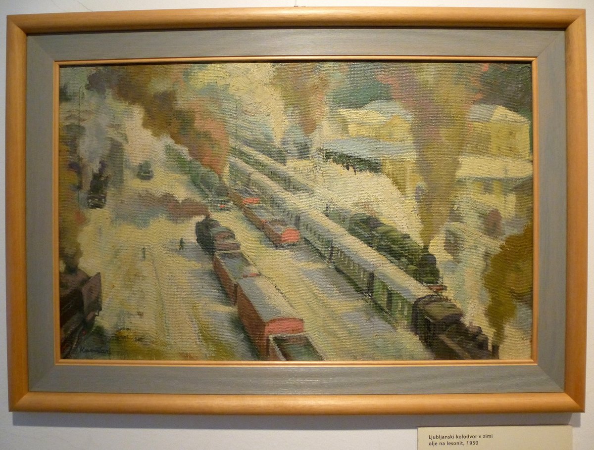 Eisenbahnmuseum Ljubljana (Laibach), Bild vom slowenischen Maler Stane Kumar (1910-1997), gemalt 1950, Öl auf Hartfaserplatte, Genehmigung liegt vor, Juni 2016