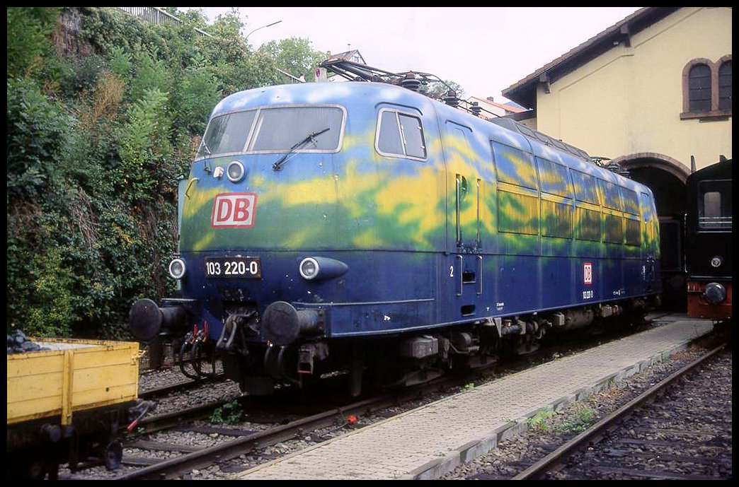 Eisenbahnmuseum Neustadt an der Weinstraße am 3.10.2005: 103220 in Sonderlackierung mit Spitznamen  Blümchenwiese  für den Touristik Zug der DB.