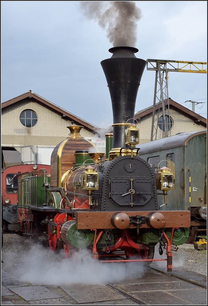 Elefant auf dem Weg zum Gotthard. Der extra für diese Begegnung mit der C 5/6 angeheizte Nachbau der ersten Dampflok der Schweiz, die Limmat mit der Nummer 1 nutzte den kurzen Sonnenstrahl für ein paar ansehnliche Rauchschwaden. Brugg, Oktober 2017.
