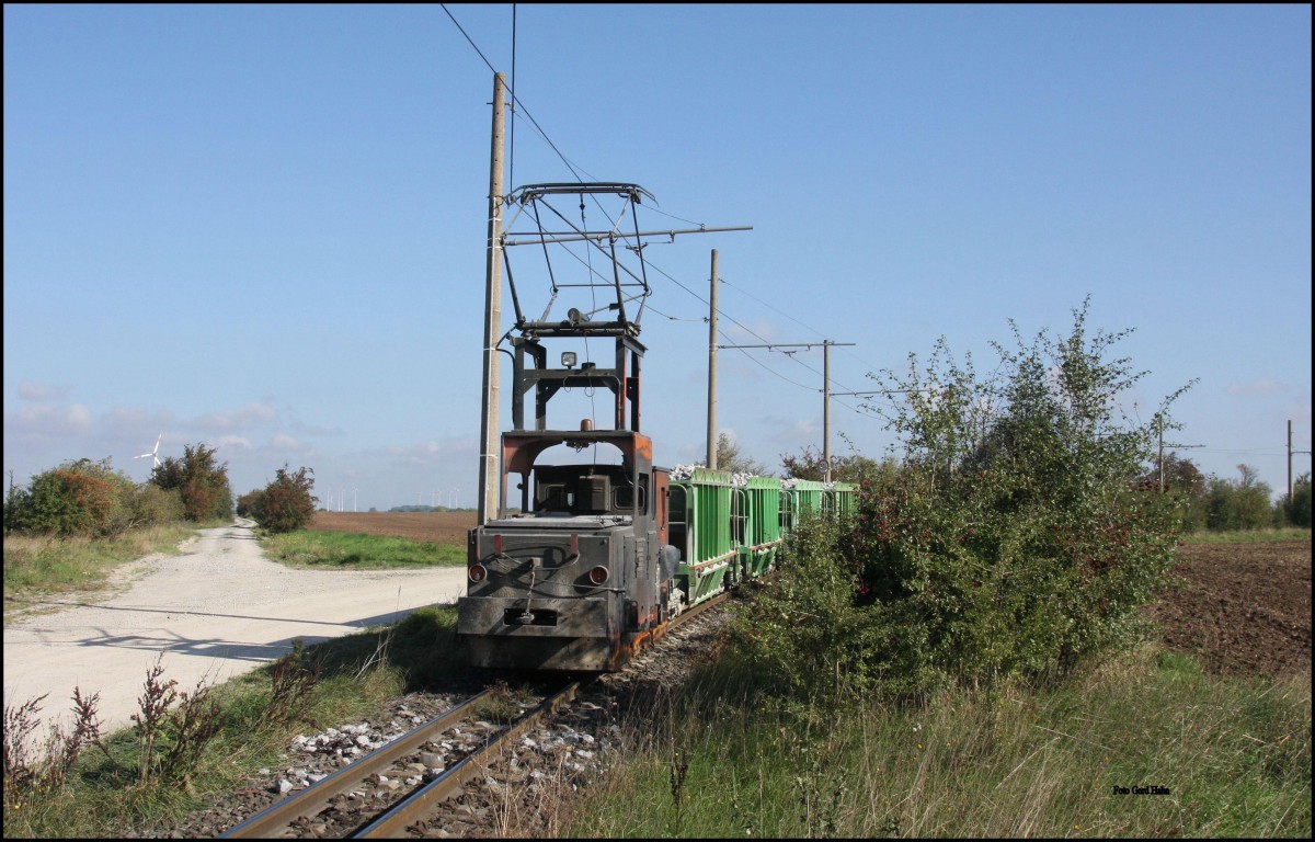 Elektrische Feldbahn 600 mm der Sodawerke Staßfurt - Förderstedt:
Lok 1 am 26.09.2015 hat gerade die Bahnstrecke Schönebeck - Güsten überquert und biegt nun auf die lange  Gerade  Richtung Staßfurt ein. Die Strecke ist übrigens ca. 2 km lang.