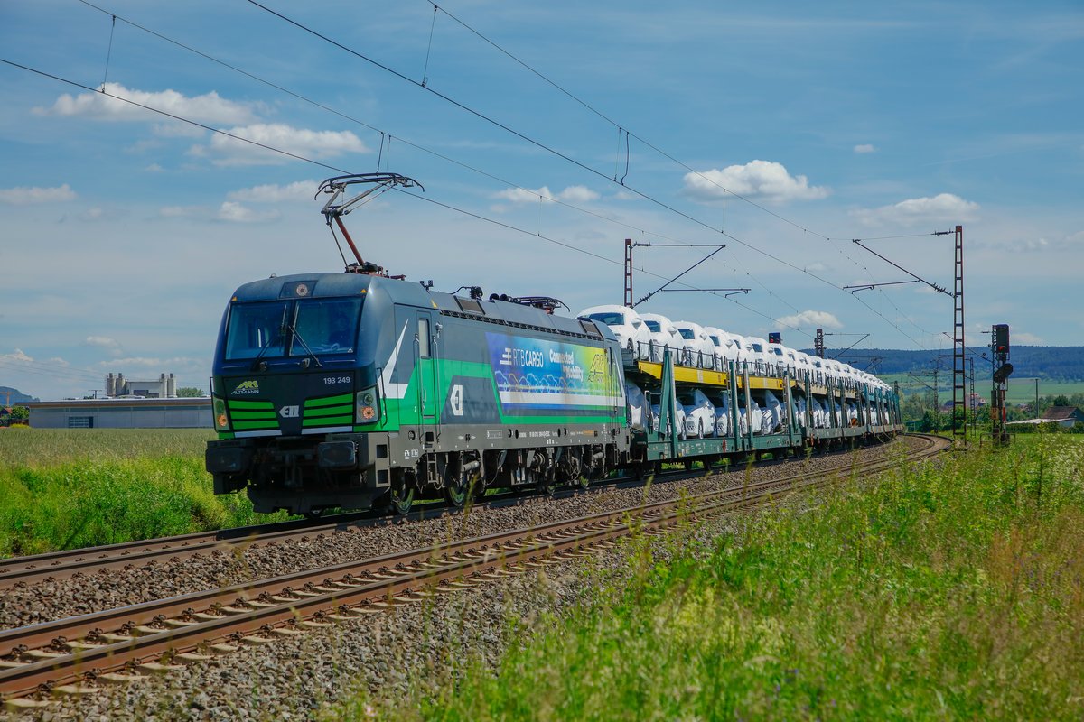 ELL 193 249 RTB Cargo mit Autotransportzug in Retzbach Zellingen, Juni 2019.
