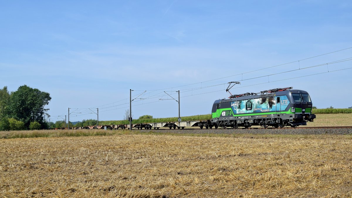 ELL 193 738, vermietet an LTE,  Number 111 - The enchanting Loreley - Logistics4Legends  mit leeren Containertragwagen in Richtung Hannover (zwischen Melle und Bruchmühlen, 23.08.19).