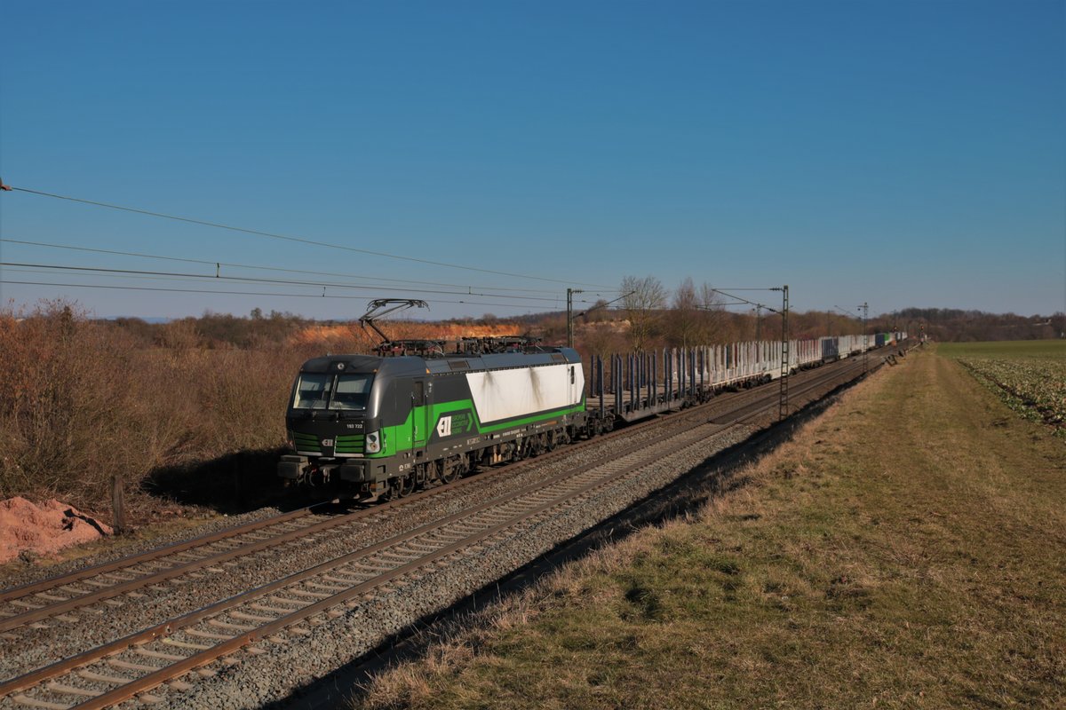 ELL/SETG Siemens Vectron 193 722-6 mit leeren Holzwagen in Nieder Mörlen auf der Main Weser Bahn am 07.03.21