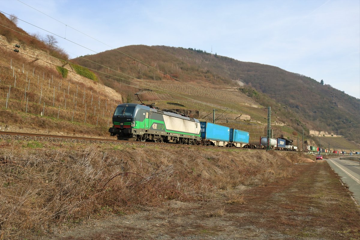 ELL/TX Logistik 193 283-9 mit Containerzug auf der Rechten Rheinstrecke zwischen Assmanshausen und Lorch am 23.02.19