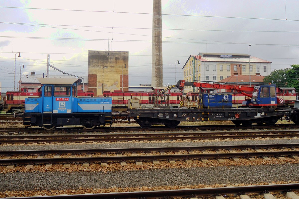 ElZel 797 705 steht am 4 Juni 2013 mit ein Gleisbaukran in Breclav.