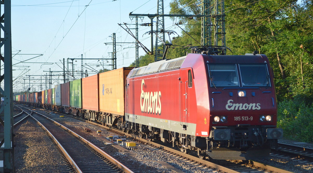 Emons Bahntransporte GmbH, Dresden [D] mit  185 513-9  [NVR-Nummer: 91 80 6185 513-9 D-ATLU] fährt in den frühen Morgenstunden mit einem Containerzug im Hamburger Hafen ein, 25.06.20 Bf. Hamburg-Harburg.