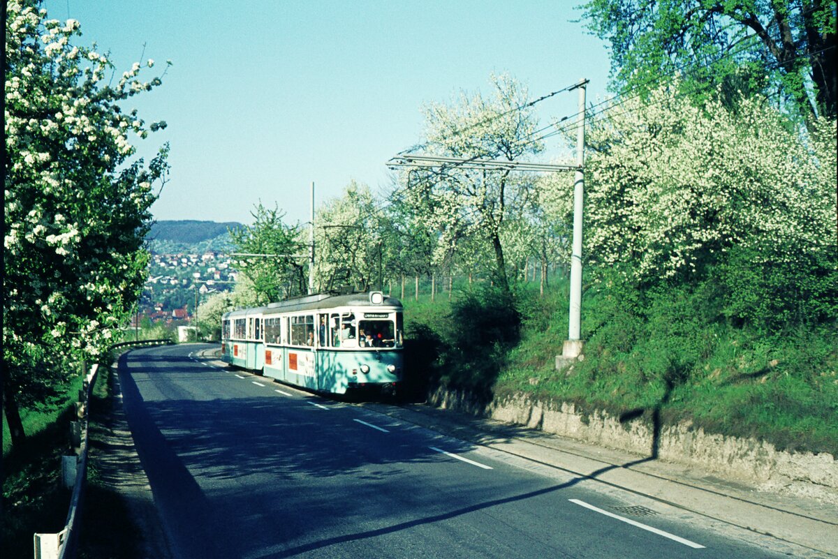 END Straßenbahn Esslingen-Nellingen-Denkendorf_Die aber auch nach Scharnhausen und Neuhausen fuhr.__Neubauzug [ME 1958] nach Denkendorf kurz vor der Ausweichhaltestelle 'Zollberg'.__09-04-1974 